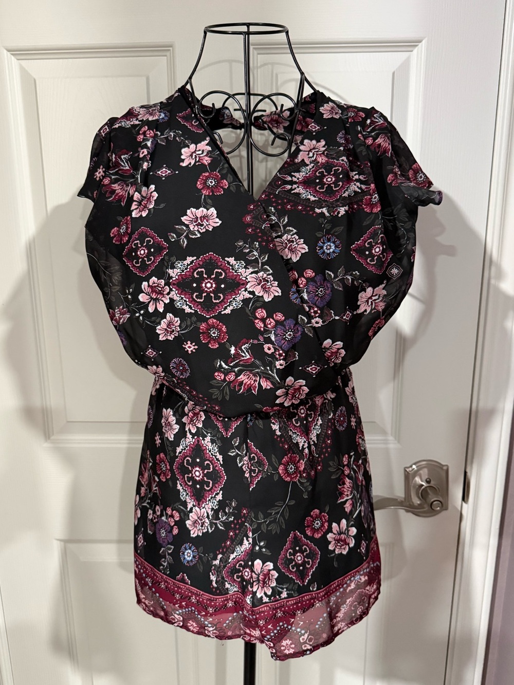 Floral Wrap Romper-Black with Pink Floral